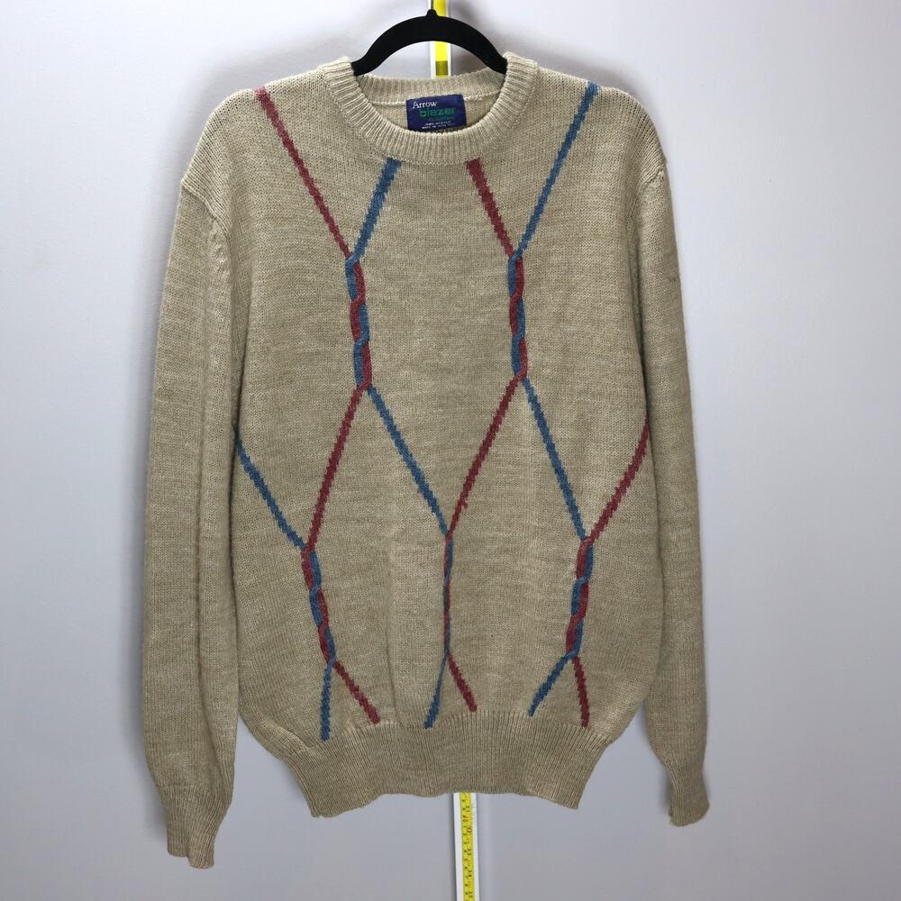 Arrow Blazer Vintage Acrylic Sweater Cream w/‎ Red & Blue Pattern Size L